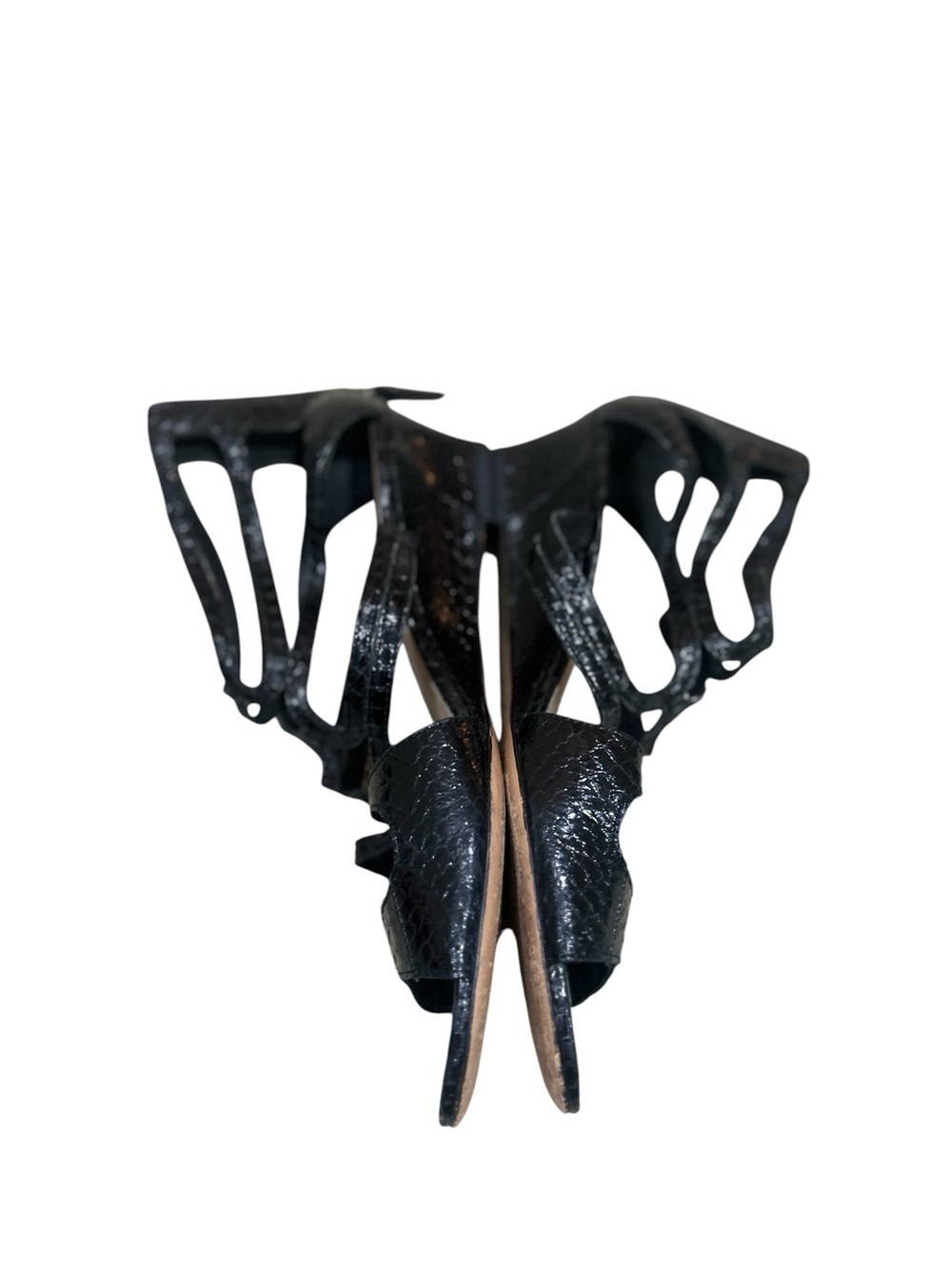 Via Spiga Black snakeskin leather strappy Cutout low Wedge Sandals sz 7.5